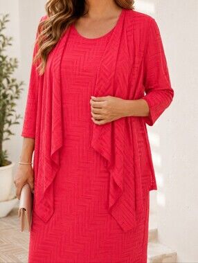 Laura Coral Pink Textured Dress Attached Jacket Set Size 18 Special Occasion